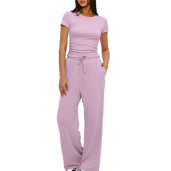 Zpanxa Summer Sets for Women, Two Piece Sets for Women Dressy Round Neck Solid Color Short Sleeve Blouses and Casual Wide Leg Pants Elastic Waist Sets, Womens Summer Outfits Sweat SuitPink XXL