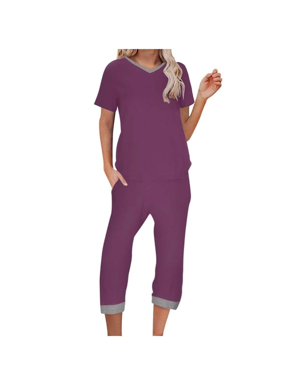 Summer Sets for Women, Two Piece Sets for Women Dressy Short Sleeve Seamless Ribbed Crop Tank Tops High Waist Capri Yoga Pants Outfits Casual Lounge Set Going Out Matching Sets Wine M