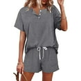 thumbnail image 1 of Zpanxa Summer Sets for Women, Two Piece Sets for Women Dressy Solid Color Short Sleeve Button Tops and Drawstring Casual Shorts, Lounge Pajama Sets, Business Casual Outfits for Women Gray A S, 1 of 5