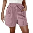 thumbnail image 1 of Zpanxa Linen Shorts for Women, Comfy Drawstring Casual Elastic Waist Pocket Solid Color Loose Shorts Pants Pink L, 1 of 7
