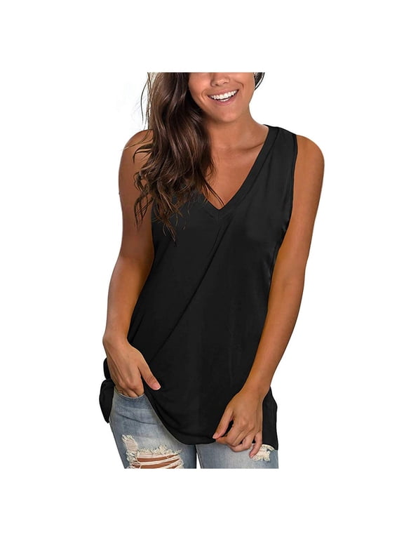 Summer Tank Tops for Women Loose Casual Solid V-Neck Gradient Sleeveness Tops Workout Athletic Tunic Tank Tops Black XXL