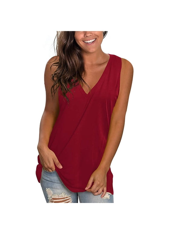 Summer Tank Tops for Women Loose Casual Solid V-Neck Gradient Sleeveness Tops Workout Athletic Tunic Tank Tops Wine XXL
