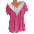 thumbnail image 1 of Zpanxa Summer Tops for Women 2023 Trendy Casual Cap Sleeve Lace Stitching T Shirts Blouse, Loose V Neck Short Sleeve Tee Shirts, Cute Floral Print Boho Summer Tops Pink XXL, 1 of 7