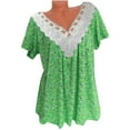 thumbnail image 1 of Zpanxa Summer Tops for Women 2023 Trendy Casual Cap Sleeve Lace Stitching T Shirts Blouse, Loose V Neck Short Sleeve Tee Shirts, Cute Floral Print Boho Summer Tops Green S, 1 of 7