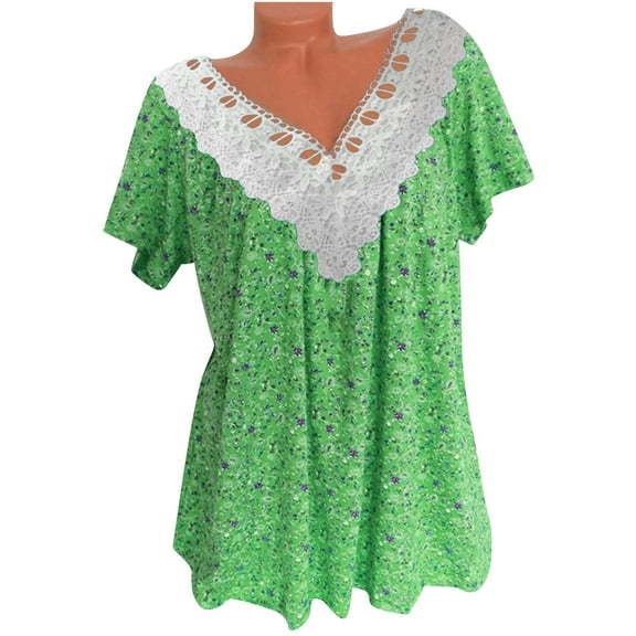 Zpanxa Summer Tops for Women 2023 Trendy Casual Cap Sleeve Lace Stitching T Shirts Blouse, Loose V Neck Short Sleeve Tee Shirts, Cute Floral Print Boho Summer Tops Green XXL