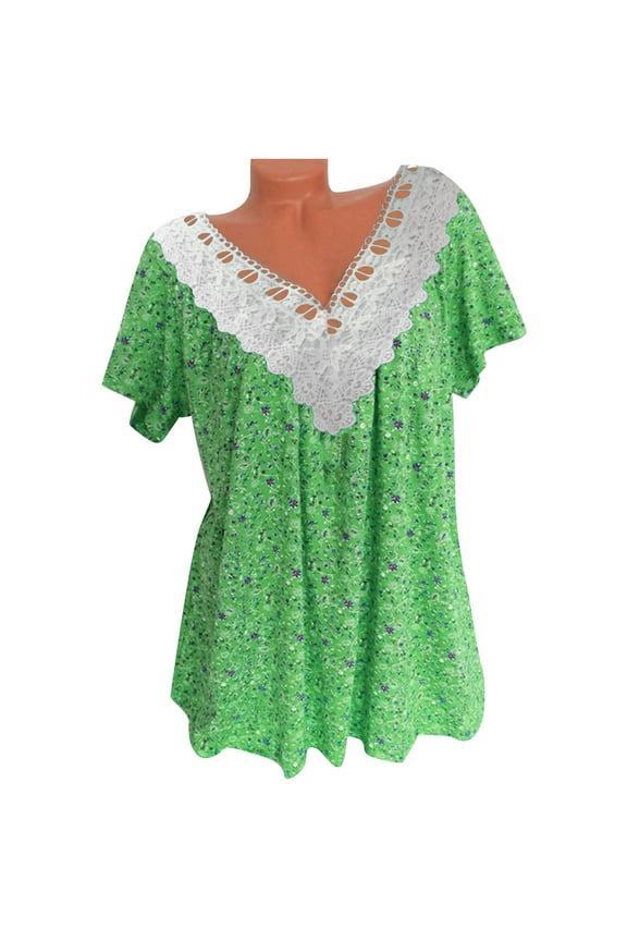 Summer Tops for Women 2023 Trendy Casual Cap Sleeve Lace Stitching T Shirts Blouse, Loose V Neck Short Sleeve Tee Shirts, Cute Floral Print Boho Summer Tops Green XL