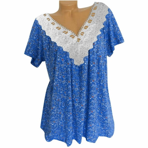 Zpanxa Summer Tops for Women 2023 Trendy Casual Cap Sleeve Lace Stitching T Shirts Blouse, Loose V Neck Short Sleeve Tee Shirts, Cute Floral Print Boho Summer Tops Blue XXL