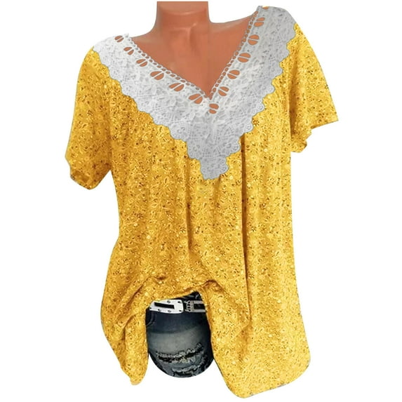 Zpanxa Summer Tops for Women 2023 Trendy Casual Cap Sleeve Lace Stitching T Shirts Blouse, Loose V Neck Short Sleeve Tee Shirts, Cute Floral Print Boho Summer Tops Yellow S