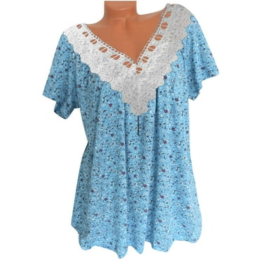 Zpanxa Summer Tops for Women 2023 Trendy Casual Cap Sleeve Lace Stitching T Shirts Blouse, Loose V Neck Short Sleeve Tee Shirts, Cute Floral Print Boho Summer Tops Light Blue XXL