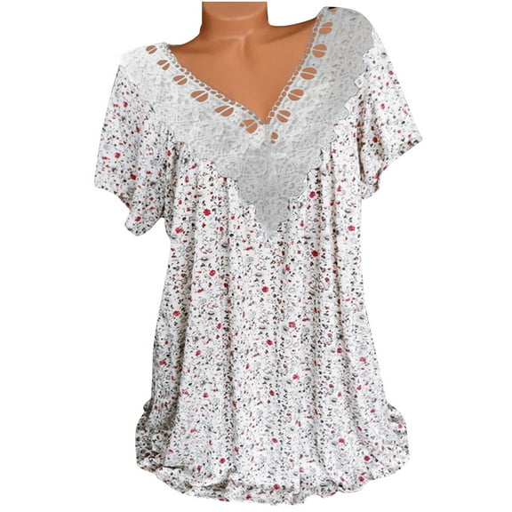 Zpanxa Summer Tops for Women 2023 Trendy Casual Cap Sleeve Lace Stitching T Shirts Blouse, Loose V Neck Short Sleeve Tee Shirts, Cute Floral Print Boho Summer Tops White L