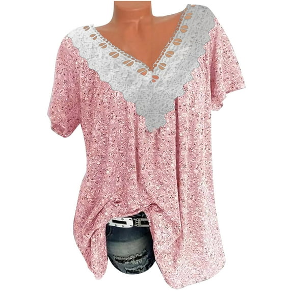 Zpanxa Summer Tops for Women 2023 Trendy Casual Cap Sleeve Lace Stitching T Shirts Blouse, Loose V Neck Short Sleeve Tee Shirts, Cute Floral Print Boho Summer Tops Pink S