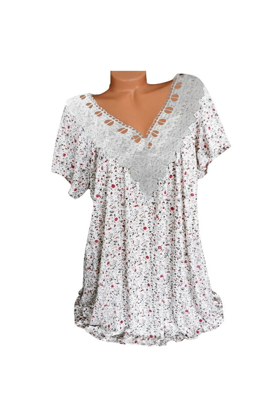 Summer Tops for Women 2023 Trendy Casual Cap Sleeve Lace Stitching T Shirts Blouse, Loose V Neck Short Sleeve Tee Shirts, Cute Floral Print Boho Summer Tops White 3XL