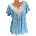 thumbnail image 1 of Zpanxa Summer Tops for Women 2023 Trendy Casual Cap Sleeve Lace Stitching T Shirts Blouse, Loose V Neck Short Sleeve Tee Shirts, Cute Floral Print Boho Summer Tops Light Blue XL, 1 of 8