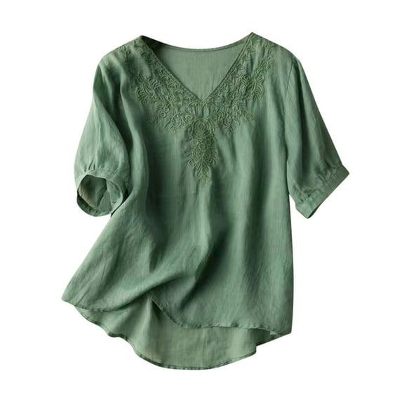 Zpanxa Summer Tops for Women, Womens Spring Summer Solid Color Casual Loose Fashion T-Shirt Short Sleeve V-Neck Embroidery Tops Cotton And Linen Blouse Green A 3XL