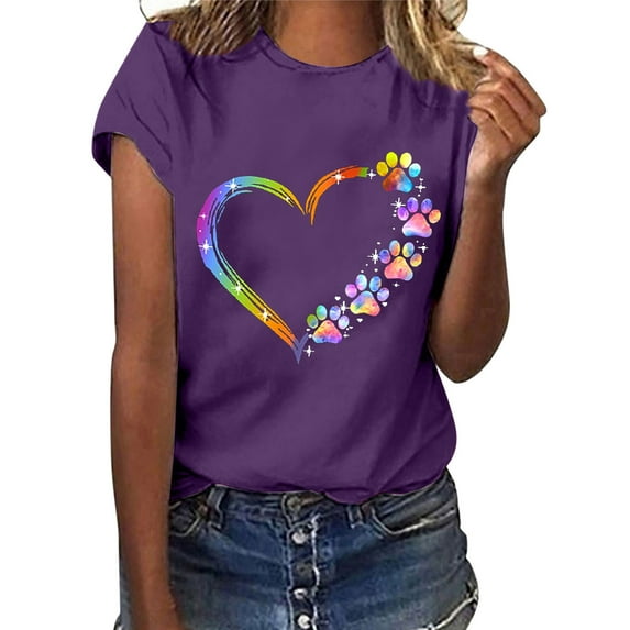 Zpanxa Summer Tops for Women Casual Letter Printing Short Sleeves O-Neck Loose T-Shirt Blouse Tops Workout Shirts for Women Purple S