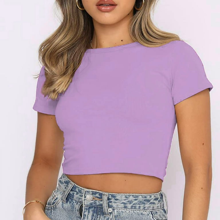 Zpanxa Summer Tops for Women Crop Cute Trendy Basic Tight Rounk Neck Crop  Blouse Short Sleeve Crop TopS Workout Shirts for Women Purple XXL