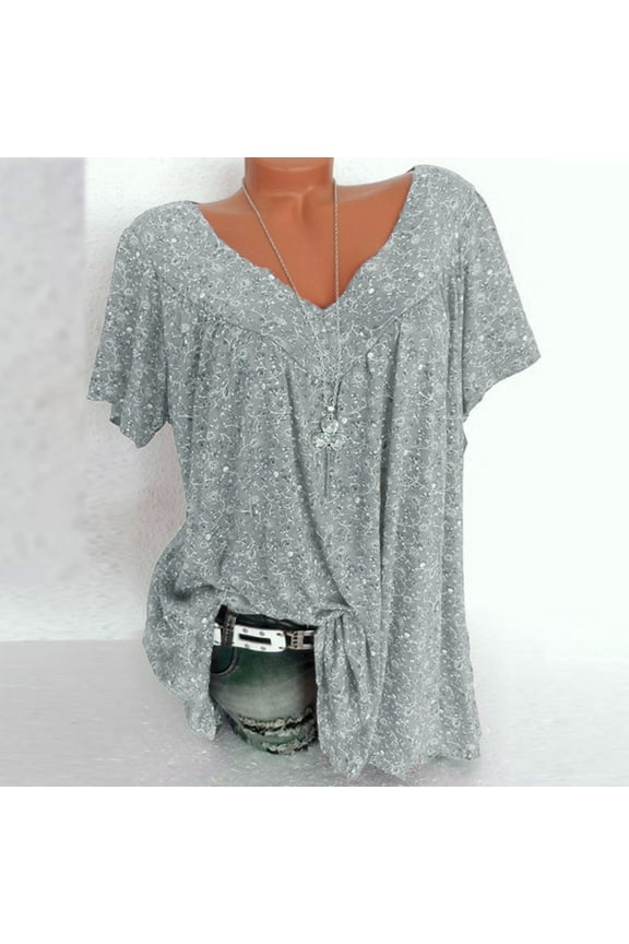 Summer Tops for Women Plus Size Short Sleeves V-Neck Print Blouse Pullover Tops Shirt Womens T Shirts Gray XXL