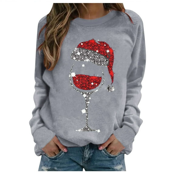 Zpanxa Womens Christmas Sweatshirt Red Wine Glass Santa Hat Graphic Sweater