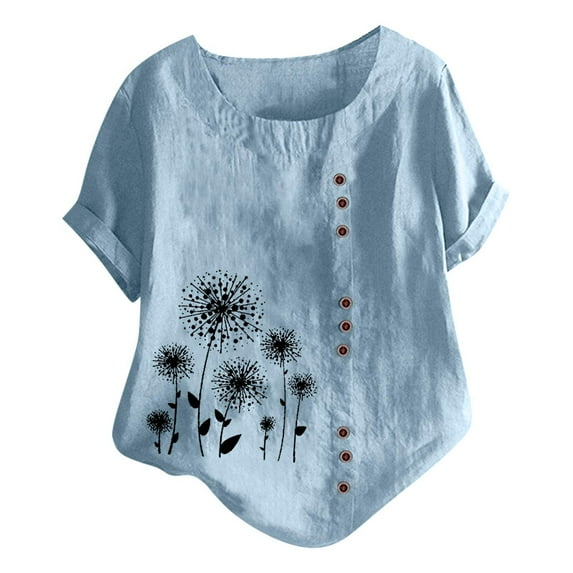 Zpanxa Summer Tops for Women, Women Short Sleeve Casual Round Neck Printed Loose Button Tunic Shirt Blouse Tops Blue A M