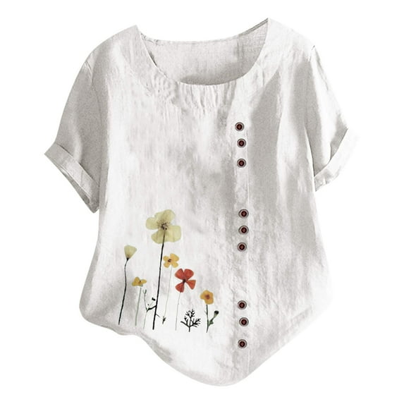 Zpanxa Summer Tops for Women, Women Short Sleeve Casual Round Neck Printed Loose Button Tunic Shirt Blouse Tops White D L