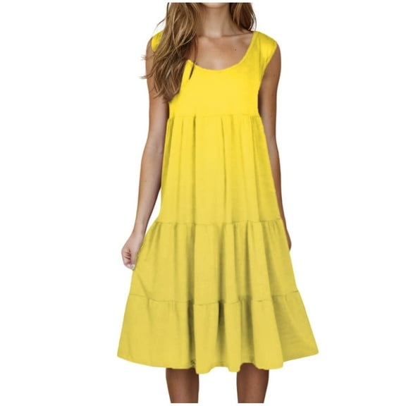 Zpanxa Sundresses for Women Plus Size Vacation Dresses Summer Round Neck Sleeveless Midi Dresses Solid Color Casual Beach Dress