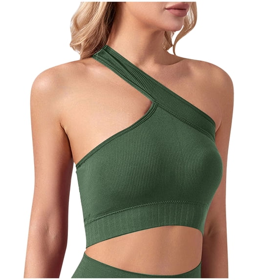 Zpanxa Supportive Sports Bras for Women Women's Seamless Wireless Black One Shoulder Asymmetrical Ribbed Pullover for Yoga Gym Workout