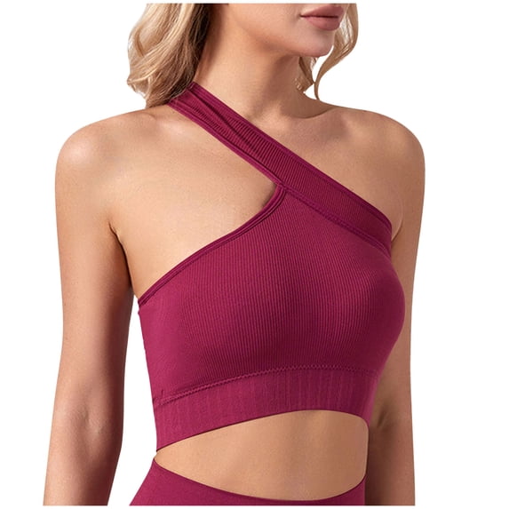 Zpanxa Supportive Sports Bras for Women Women's Seamless Wireless Black One Shoulder Asymmetrical Ribbed Pullover for Yoga Gym Workout