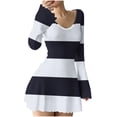 thumbnail image 1 of Zpanxa Sweater Dress for Women, V Neck Striped Ribbed Knit Mini with Ruffled Hem, 1 of 5
