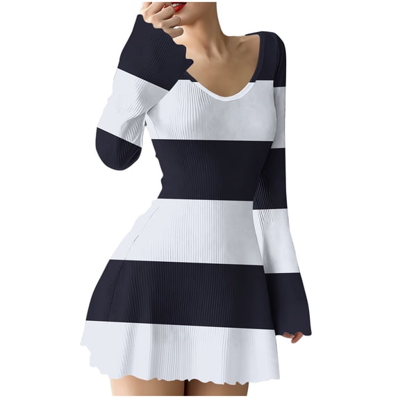 Zpanxa Sweater Dress for Women, V Neck Striped Ribbed Knit Mini with Ruffled Hem