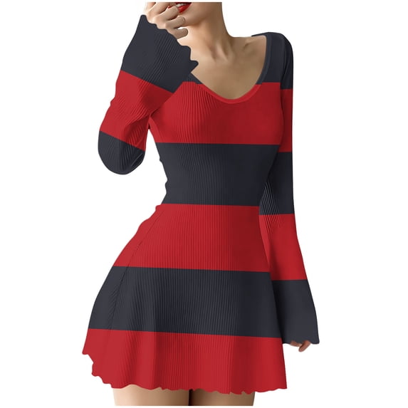 Zpanxa Sweater Dress for Women, V Neck Striped Ribbed Knit Mini with Ruffled Hem