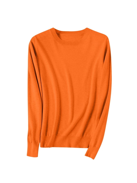 Sweaters for Women Round Neck Long Sleeve Solid Color Knit Pullover Sweater Top Orange XL