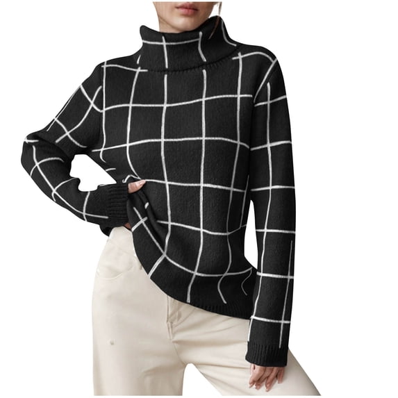 Zpanxa Sweaters for Women Turtleneck Long Sleeve Plaid Checkered Knit Pullover Sweater Black XL