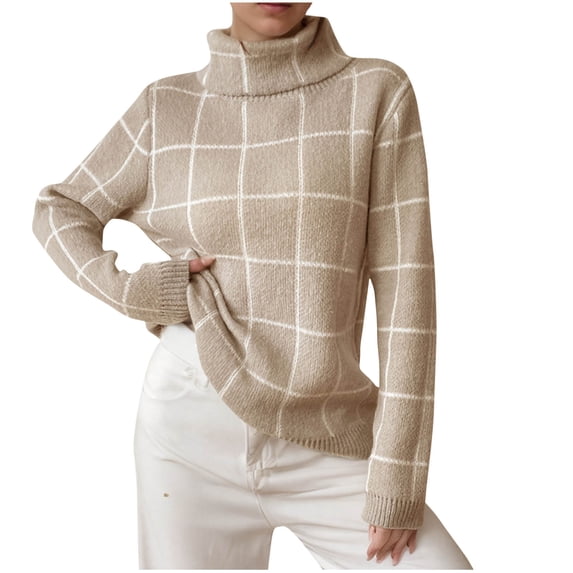 Zpanxa Sweaters for Women Turtleneck Long Sleeve Plaid Checkered Knit Pullover Sweater Khaki M