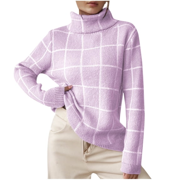 Zpanxa Sweaters for Women Turtleneck Long Sleeve Plaid Checkered Knit Pullover Sweater Purple S