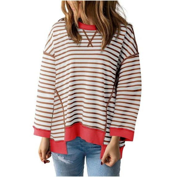 Zpanxa Sweatshirt for Women Casual Fashion Color Contrast Round Neck Striped Long Sleeve Top Red A XL