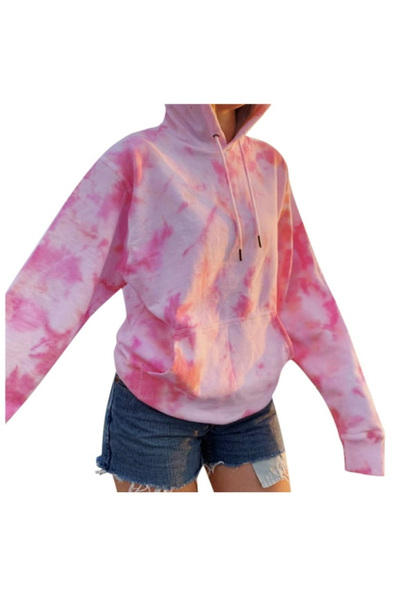 Sweatshirt for Women Tie-Dye Print Hoodies Tops Loose Long Sleeve Hooded Pullvoer Coats Casual Drawstring Outerwear Pink S
