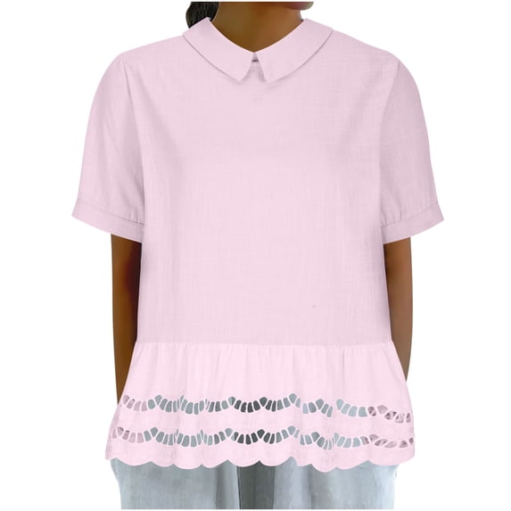 Zpanxa Sweet Retro Blouse for Women Short Sleeve Solid Color Top with Lace Peter Pan Collar Feminine Vintage Inspired Casual Shirt