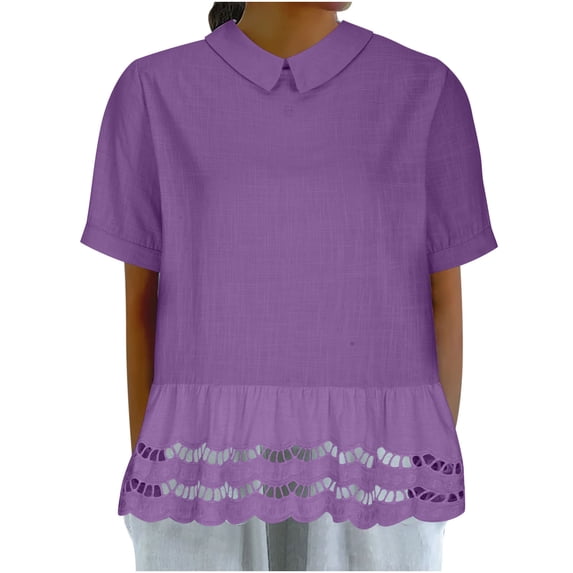 Zpanxa Sweet Retro Blouse for Women Short Sleeve Solid Color Top with Lace Peter Pan Collar Feminine Vintage Inspired Casual Shirt