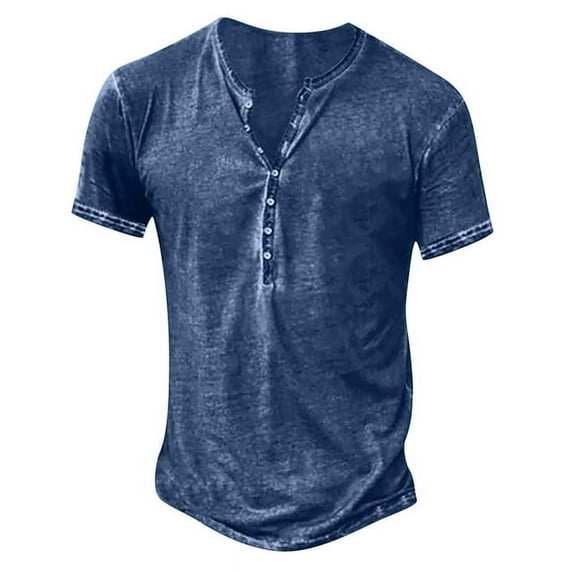 Zpanxa T Shirts for Men, Gym Shirts Men Round Neck Short Sleeve Button Down Blouse Tops Casual Fashion Solid Color Pullover Blue L