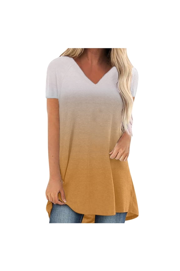 T Shirts for Women Plus Size Casual Short Sleeve Gradient Tie Dyed Printed Tops Blouse Summer Lightweight Loose Tops Yellow XL