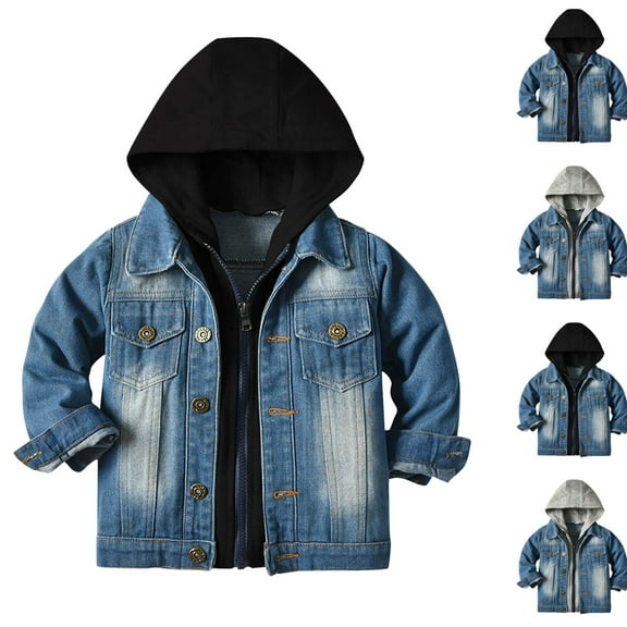 Zpanxa Toddler Denim Jacket 1-10 Years Boys Girls 2 in 1 Hooded Coat Fake Layered Style Corduroy Lined Fall Jacket with Pockets