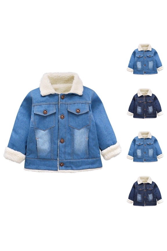 Toddler Denim Sherpa Jacket 3M-2Y Corduroy Trim Puffer Coat Double Layer Warm Outerwear Button Front Design