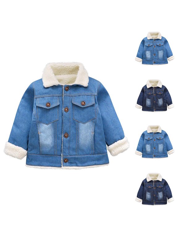 Toddler Denim Sherpa Jacket 3M-2Y Corduroy Trim Puffer Coat Double Layer Warm Outerwear Button Front Design