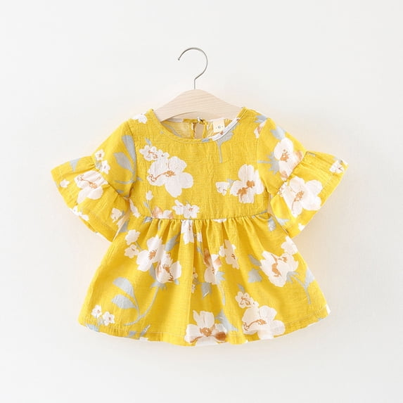 Zpanxa Toddler Girl Outfits Princess Dresses, Baby Girls Cute Flowers Print Short Sleeve Skirt Casual Dress, Cotton Dresses Yellow (18-24 Months)
