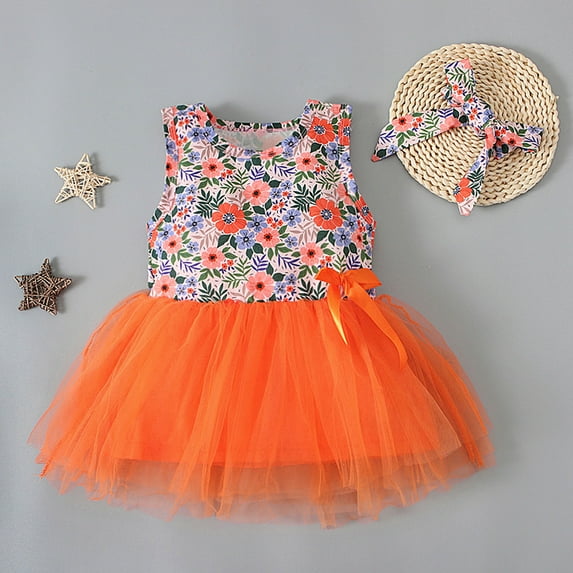 Zpanxa Toddler Girl Outfits Princess Dresses, Baby Girls Cute Sleeveless Flowers Print Mesh Bow Skirt Casual Dress, Cotton Dresses Orange (3-4 Years)