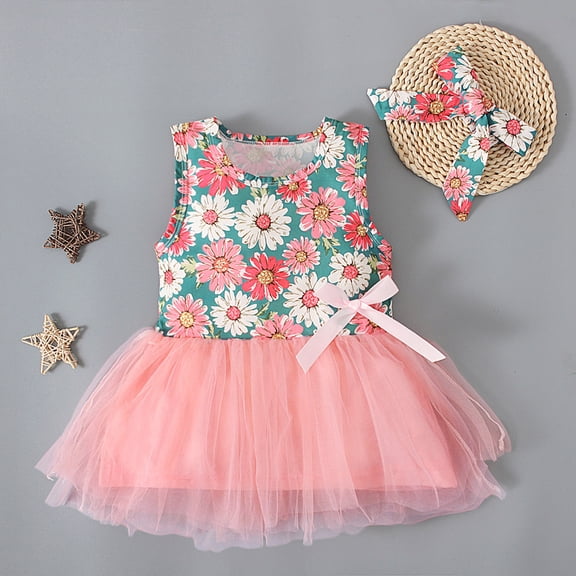 Zpanxa Toddler Girl Outfits Princess Dresses, Baby Girls Cute Sleeveless Flowers Print Mesh Bow Skirt Casual Dress, Cotton Dresses Pink (12-18 Months)