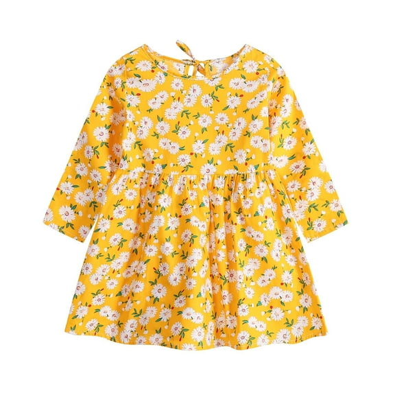 Zpanxa Toddler Girl Outfits Princess Dresses, Baby Girls Long Sleeve One-Piece Floral Print Skirt Casual Dress, Cotton Dresses Yellow (12-18 Months)