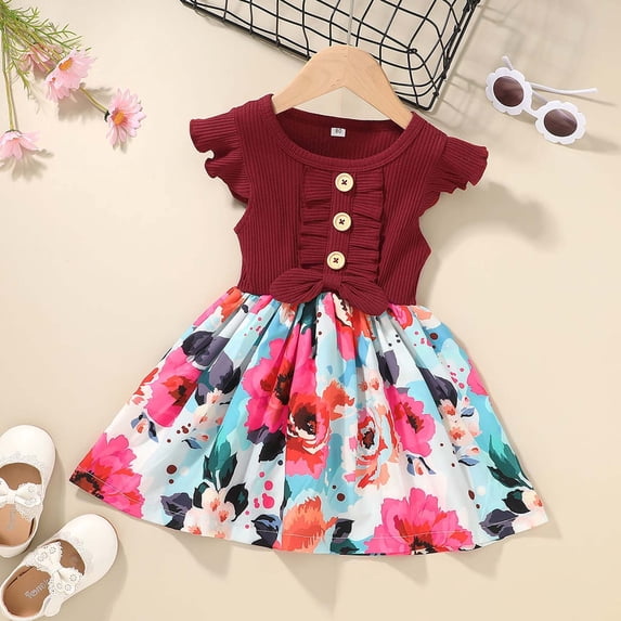 Zpanxa Toddler Girl Outfits Princess Dresses, Baby Girls Ruffled Sleeveless Stitching Floral Casual Dress, Cotton Dresses Wine (3-4 Years)