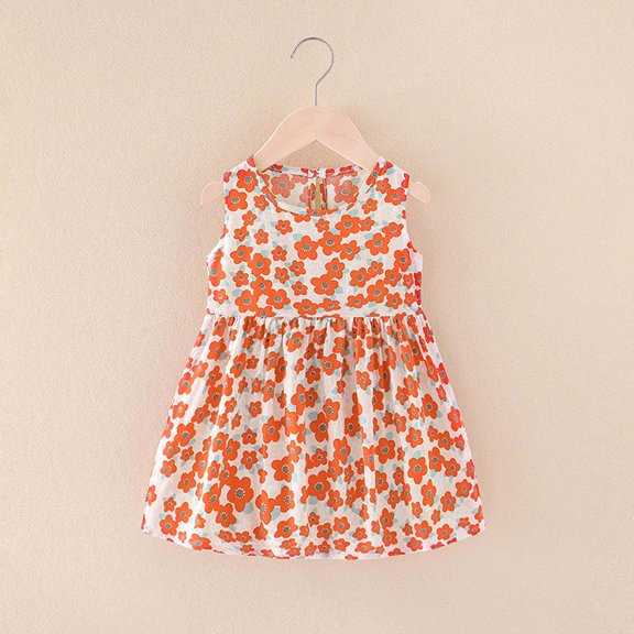 Zpanxa Toddler Girl Outfits Princess Dresses, Baby Girls Sleeveless Graphic Print Casual Dress, Cotton Dresses Orange (4-5 Years)