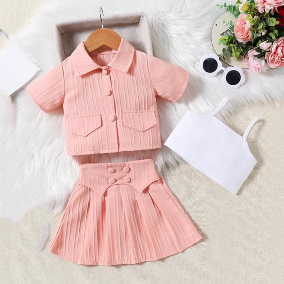 Zpanxa Toddler Girl Summer Clothes 3 Piece Set Short Sleeve Jacket with Sleeveless Bow Detail Cami Top and Elastic Waist Pleated Skirt Solid Color Soft Comfy Casual Chic Outfits